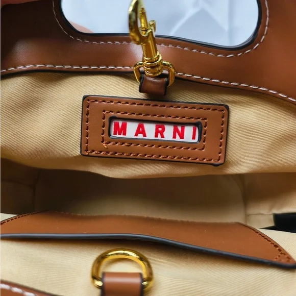 Marni Mini Canvas Tote with Tan Leather Trim and Red Logo - Picture 4 of 9